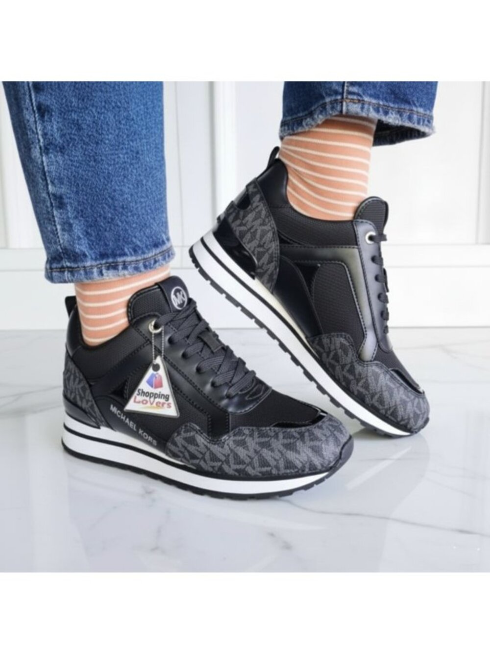 ❤️MICHAEL KORS WILMA Trainer Sneaker Sz 6 Women Shoes Black Monogram MK Logo New - Picture 4 of 10